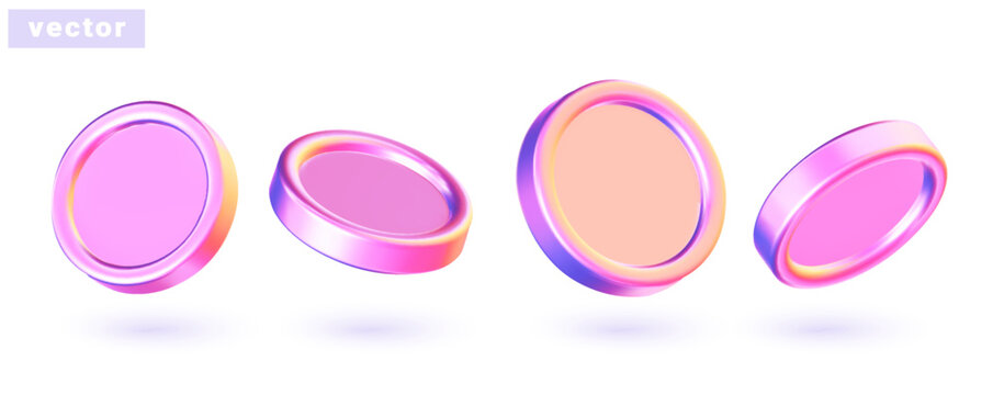 Set of pink chrome coins. 3D holographic coins. Vector illustration.