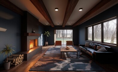 Fototapeta premium Dark Modern Living Room With Fireplace And Forest View