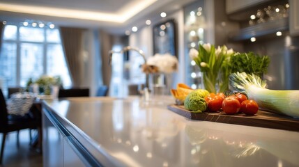 Fresh vegetables arranged on a modern kitchen countertop enhance the sleek interior design, infusing the space with natural elements and promoting a healthy culinary lifestyle