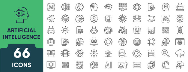 Artificial intelligence icon set in linear style. Collection of 66 outline icons representing AI, technology, machine learning, automation, neural networks, and robotics. Editable stroke.