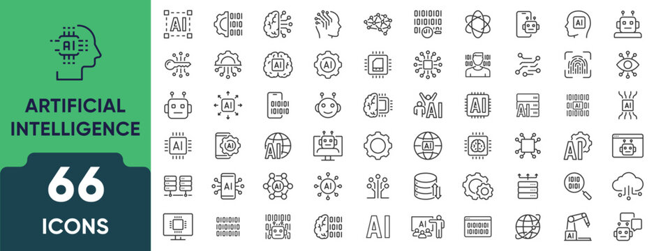 Artificial intelligence icon set in linear style. Collection of 66 outline icons representing AI, technology, machine learning, automation, neural networks, and robotics. Editable stroke.