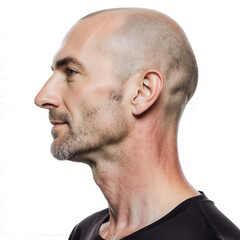 Obraz premium Silent Contemplation: A close-up shot of a man in quiet reflection, his profile revealing a thoughtful expression against a neutral backdrop. 