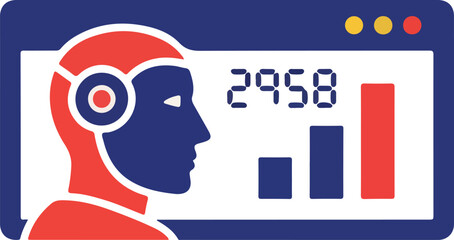 AI robot analyzing data displayed on a computer screen showing upward trending statistics.