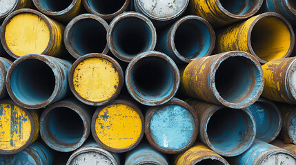 Stack of colorful industrial pipes showing signs of wear and tear