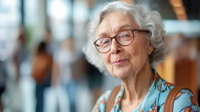 A joyful elderly woman with white hair and glasses smiling warmly, conveying happiness, contentment, and the beauty of aging gracefully in a vibrant environment.