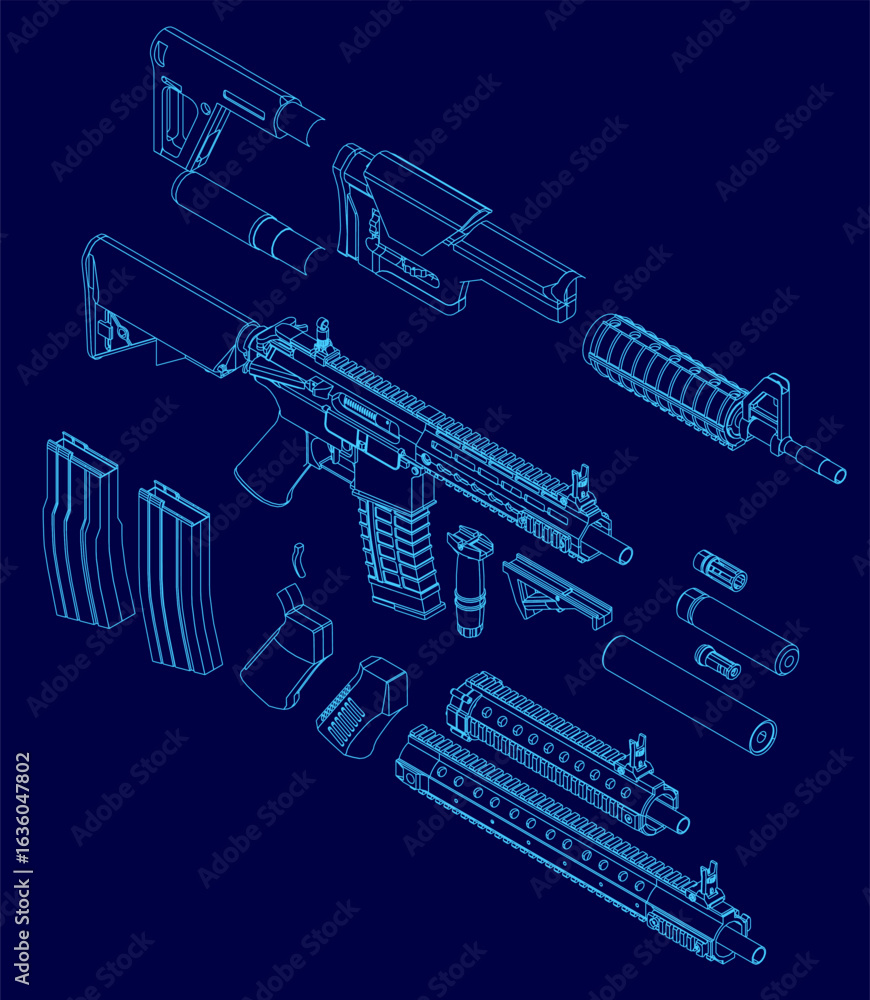 Poster blueprint of an rifle with modular parts displayed on a blue background. the contour lines highlight