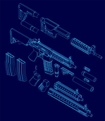 Blueprint of an rifle with modular parts displayed on a blue background. The contour lines highlight the gun's components, emphasizing its customizable kit design.