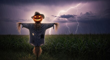 Spooky scarecrow pumpkin head in a field during a lightning storm