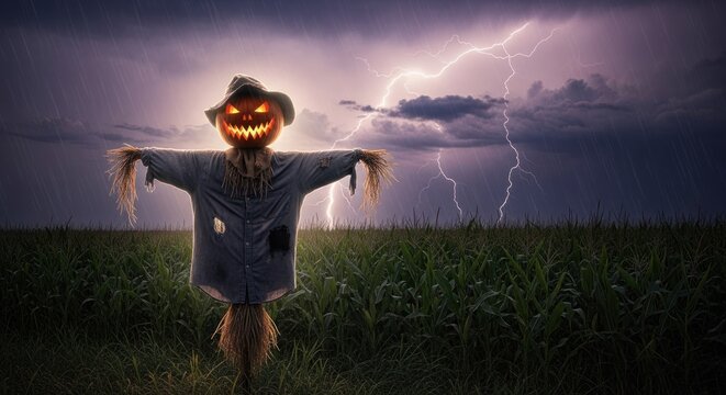 Spooky scarecrow pumpkin head in a field during a lightning storm