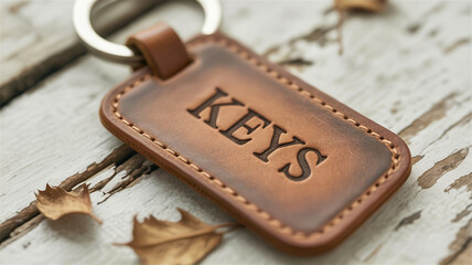 A close-up photograph of a brown leather keychain tag lying on a weathered wooden surface.
