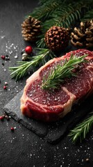 Freshly cut ribeye steak garnished with rosemary and pinecones during the holiday season