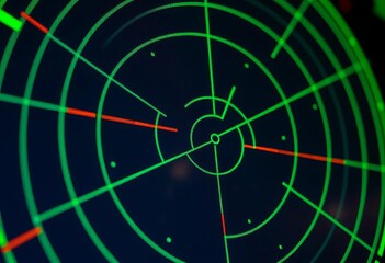 Close-up of a vibrant green radar screen displaying blips, interface, texture