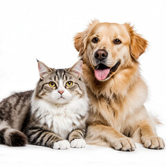 Fototapeta premium Feline and Canine Harmony: A golden retriever and a fluffy cat shares an intimate, tranquil moment, highlighting the companionship between beloved pets.