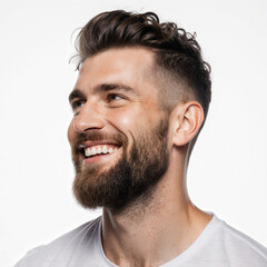 Obraz premium Radiant Smile: A close-up portrait of a handsome man with a warm, genuine smile, full of life and positive energy, reflecting contentment and approachability.