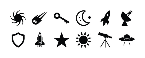 Explore the cosmos with space exploration icons featuring rockets, stars, and celestial bodies set design