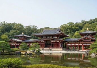 Serene japanese temple reflected in a tranquil pond amidst lush greenery