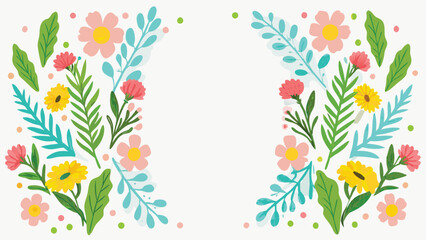 Floral arrangement with pink and yellow flowers green and teal leaves forming a frame on a white background