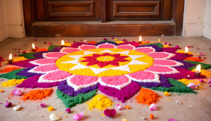 Colorful rangoli design with candles on floor near wooden doors  