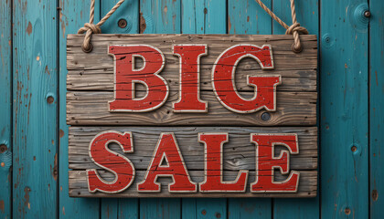 Fototapeta premium Big Sale Sign on Rustic Wooden Board with Vintage Style
