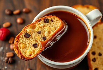 Crunchy biscotti dipped in rich hot chocolate, food photography, hot chocolate