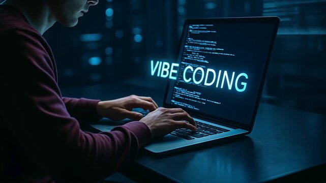 Man types in dark tech space with blue glow vibe coding text and code lines create script runner, digital focus night code vibe