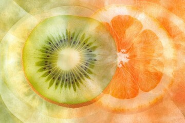 A vibrant, abstract image showcasing a halved kiwi and grapefruit, their segments overlapping and subtly blended with a soft, pastel background featuring concentric circles. 