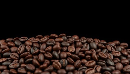 Fototapeta premium Dark roasted coffee beans isolated on black background, grain, picture