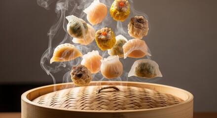 Assortment of steaming dumplings and dim sum floating above a bamboo steamer food asian food