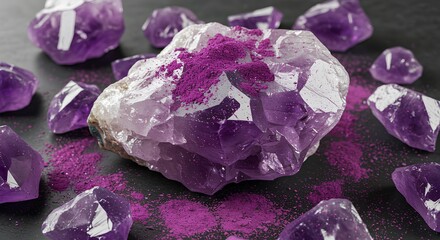 Fototapeta premium Closeup Of Raw Amethyst Geode And Crystals With Purple Powder On Dark Background