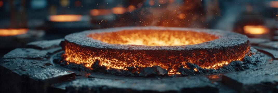 Molten metal pouring process in foundry during industrial production at nighttime