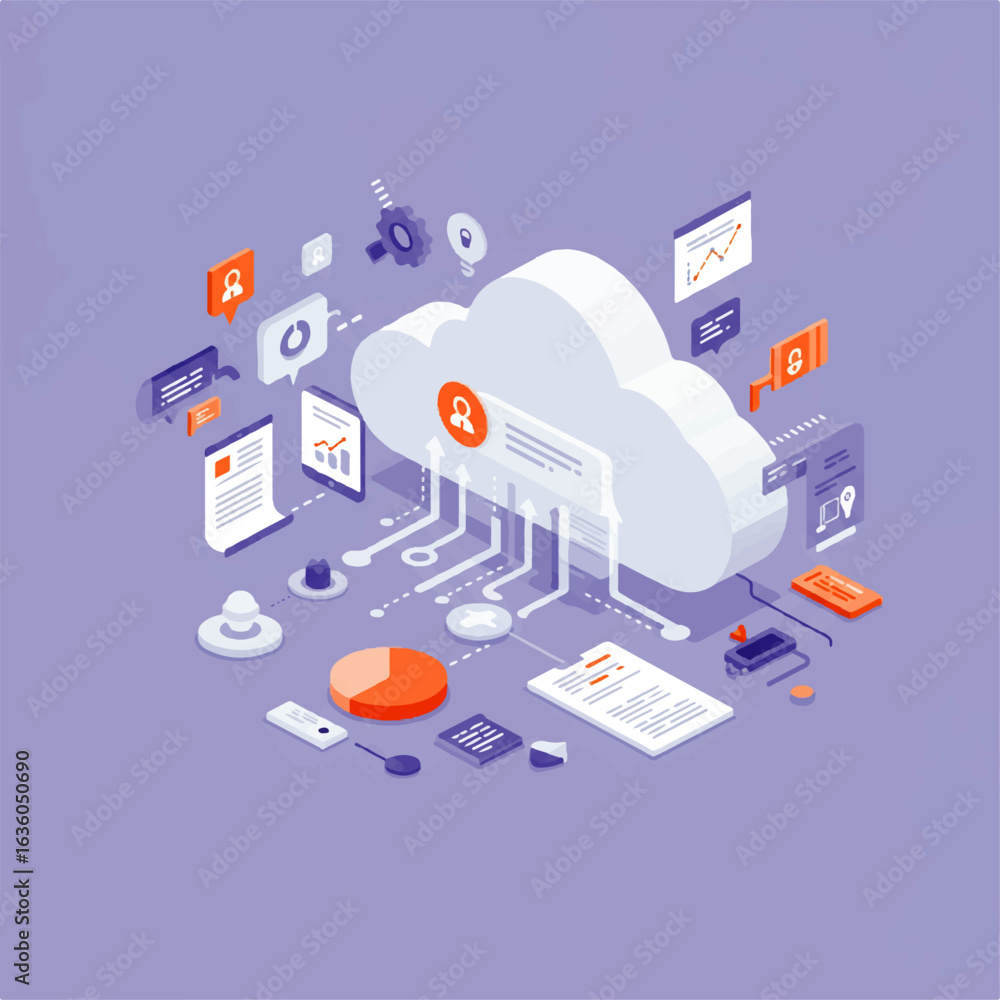 Fototapete cloud computing system visualized with interconnected data, analytics, and user profile icons.