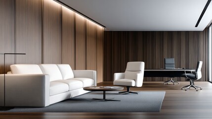 Modern minimalist office interior featuring a white sofa, sleek desk, and wooden wall accents, showcasing tranquility