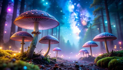 A surreal forest filled with glowing psychedelic mushrooms, neon colors, and bioluminescent ambiance in a dreamy twilight setting.