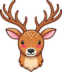 Adorable cartoon deer head, large antlers, rosy cheeks, happy expression.