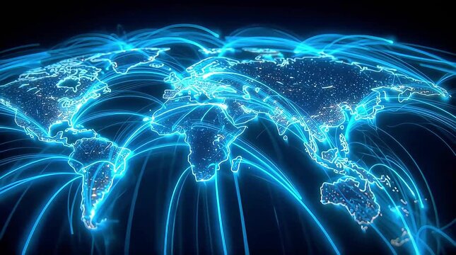 Abstract glowing digital world map with bright neon data lines running across the continents