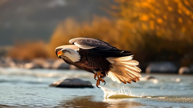 A magnificent bald eagle spreads its wings widely as it gracefully soars above tranquil waters and autumnal landscapes, epitomizing freedom and the grace of nature in flight.