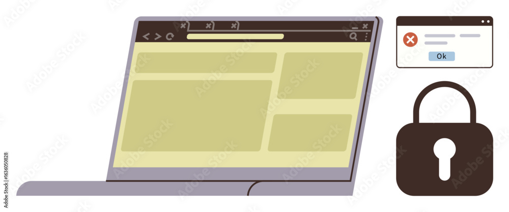 Aufkleber open laptop with web browser, error message pop-up, and padlock icon. ideal for security, data prote