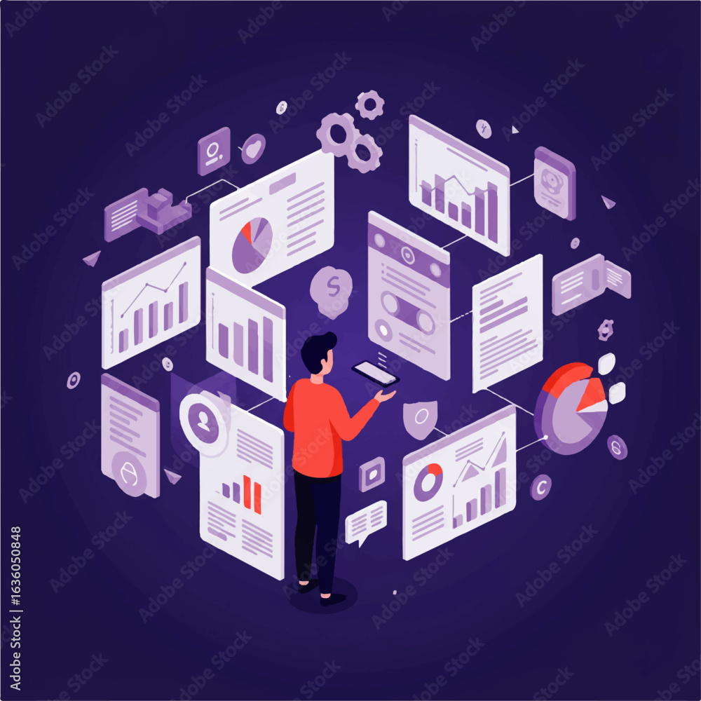 Poster a person interacts with data visualizations and digital interfaces in a modern, illustrative style.