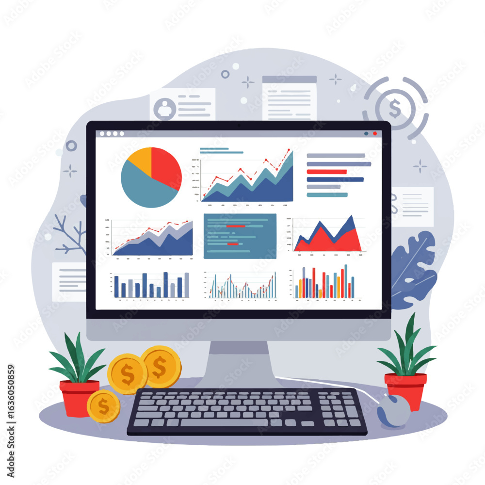 Poster computer screen displaying various business charts and graphs, with coins and potted plants on the d