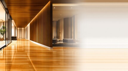 Fototapeta premium Modern interior of a spacious hallway featuring polished wooden floors and soft lighting, creating a serene atmosphere