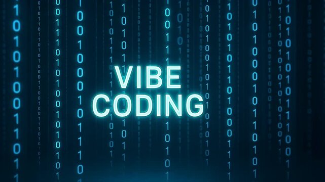 Neon vibe coding text and binary code fall in dark digital space, glowing blue lines float down like rain in a tech data stream. Script runner, digital focus - Powered by Adobe