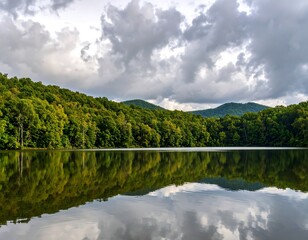 Calm lake reflecting clouds and trees