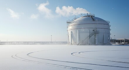 Obraz premium Large White Industrial Tank In Snowy Landscape