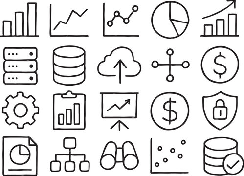 Hand drawn icons for data and finance bar chart line graph