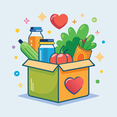 Healthy food donation box with vegetables, juice, and groceries – Charity, nutrition, and organic food delivery concept.