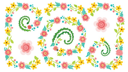 Illustration of floral wreaths and flower arrangements with pink and yellow blossoms on white background