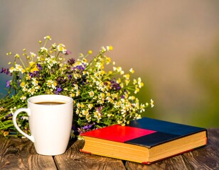 Coffee, flowers, and book on a rustic table