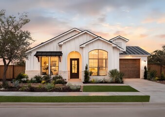 Modern Farmhouse Exterior In The Evening Sunlight