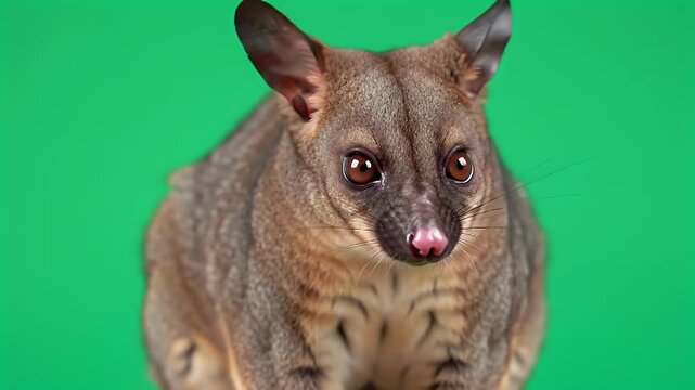 Close-up Portrait of a Curious Brushtail Possum or Arboreal Marsupial on a Bright Green Background