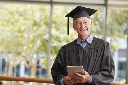 Senior Man in Graduation Gown Holding Tablet, Celebrating Lifelong Learning. - Powered by Adobe